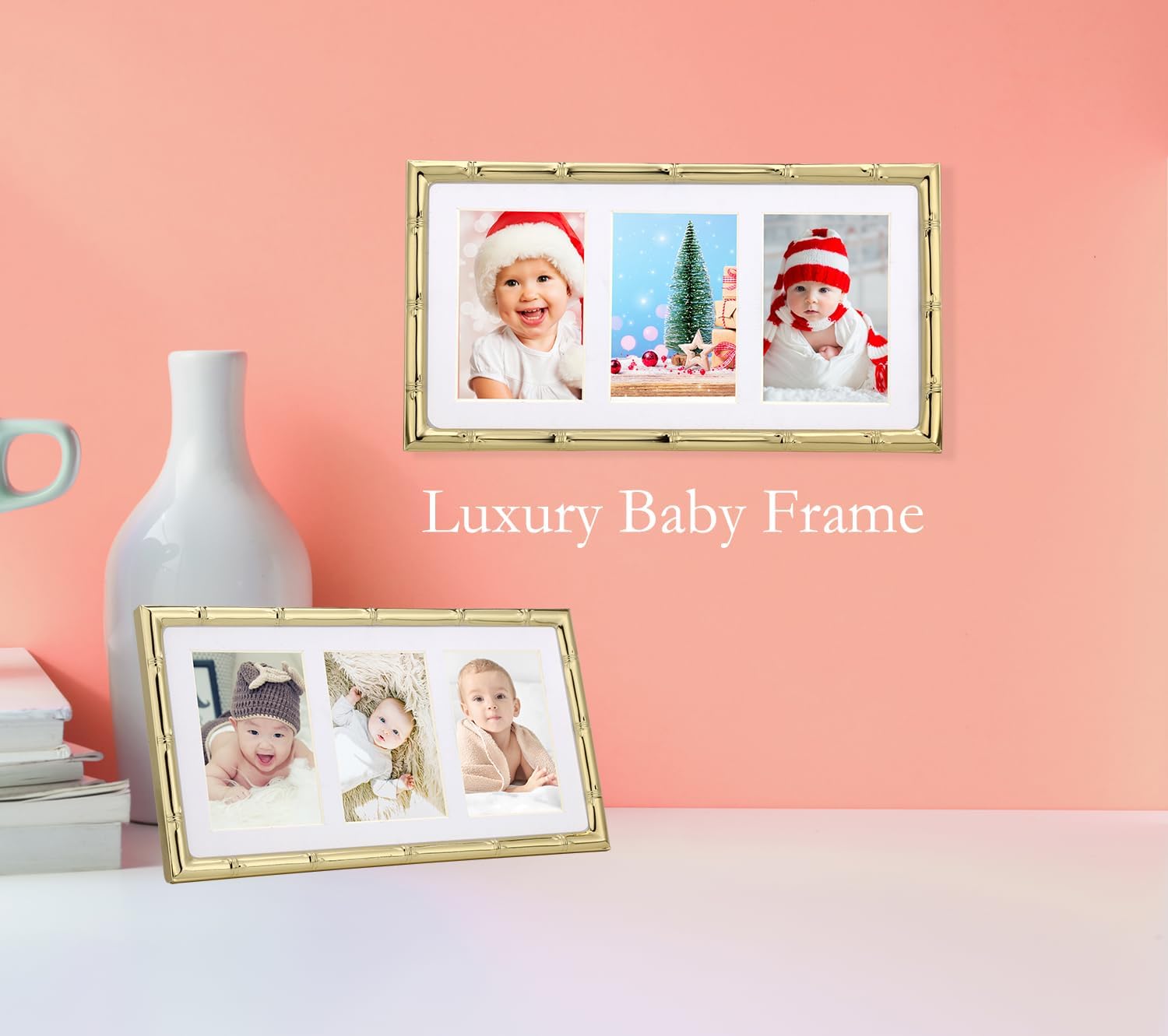 YiPinYin Gold 3-2x3'' Multi Bamboo Detail Designs Metal Picture Frame 3 Section Frame 2pack,Baby Nurse frames With Soft