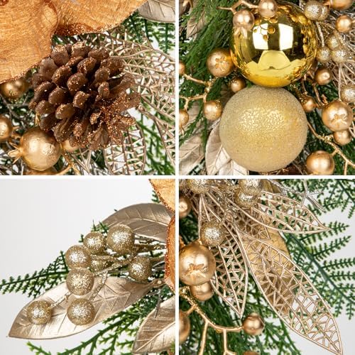 27" Champagne Artificial Christmas Teardrop Swag with Magnolia, Gold Christmas Balls, Berries Leaves Branches Pine Cones Pine Needles for Front Door, Home Window Indoor Outdoor Xmas & Holiday Decor