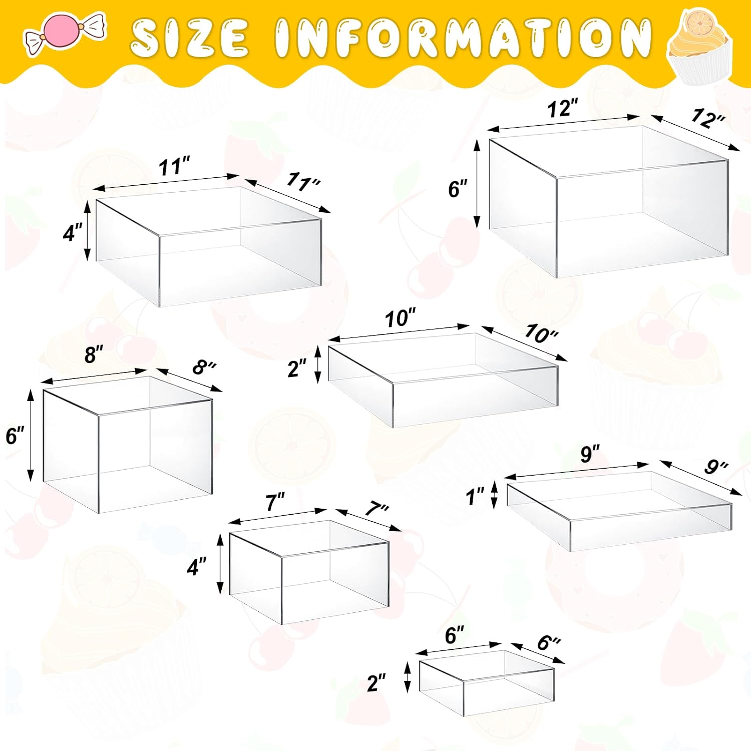 Large Buffet Risers Set " Acrylic Display Box Catering / Clear / 6" To 12 / Square / Set of 7