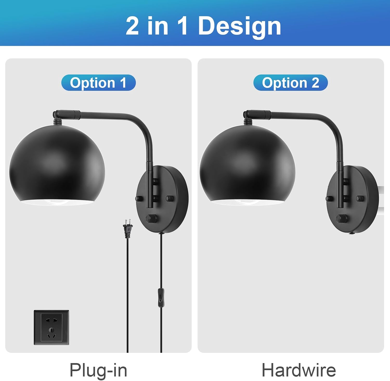 VATONI Dimmable Wall Sconces Set of 2, Plug in Wall Sconces Swing Arm Wall Lights with Plug in Cord and Dimmer On/Off