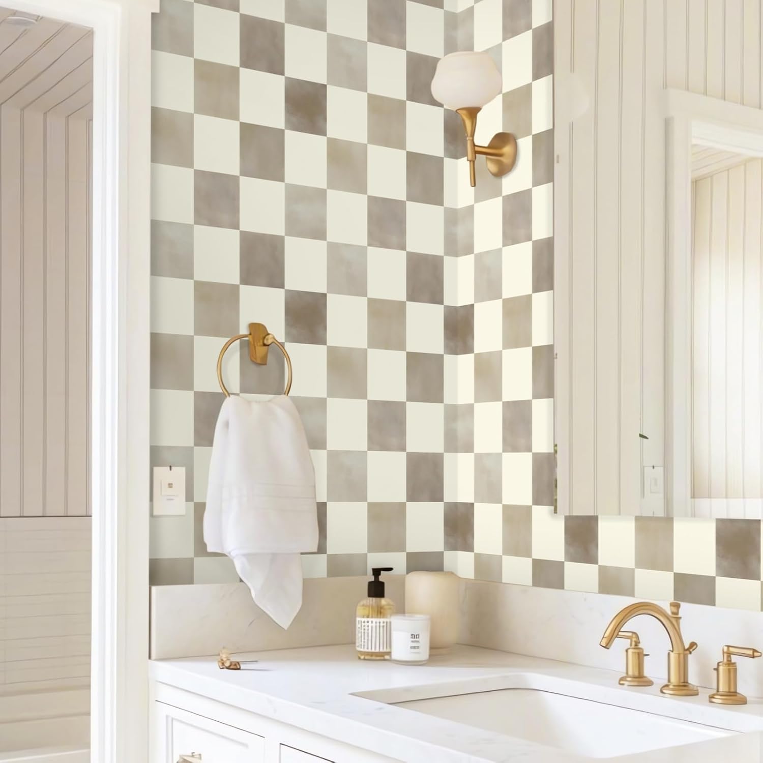 Checkered Wallpaper Peel and Stick Neutral Mosaic Checkered Contact / 17.3 x 236 / Brown and Beige