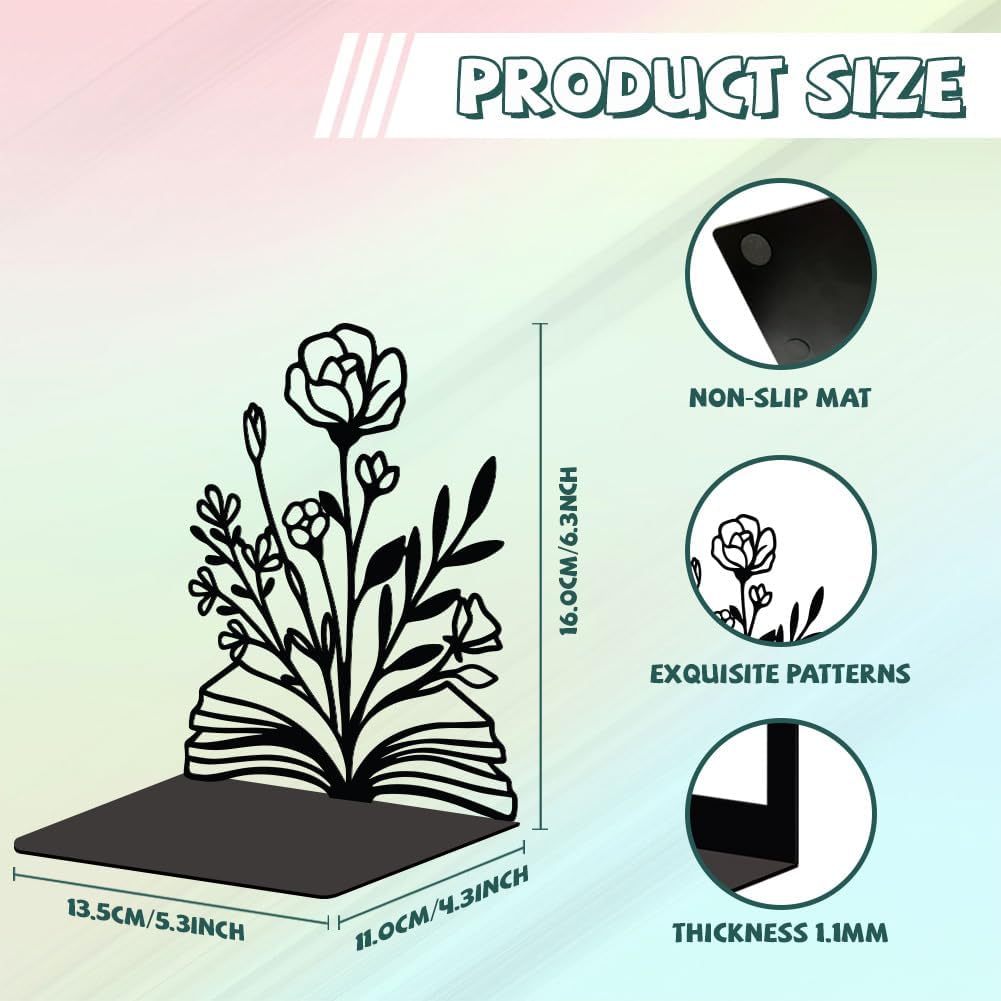 Metal Bookends / Modern Decorative Heavy Duty Study Book Support Stoppers / Books and Flowers
