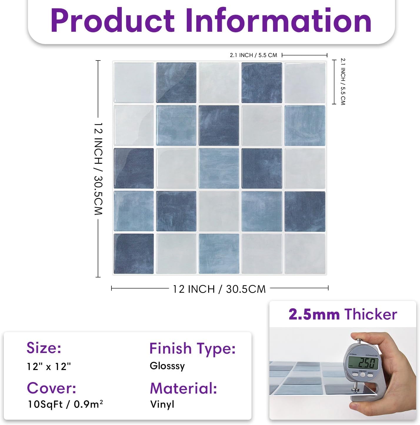 Thicker Marble Peel and Stick Backsplash Tiles / ST-SM-W / Blue / 12 x 12 / Set of 10
