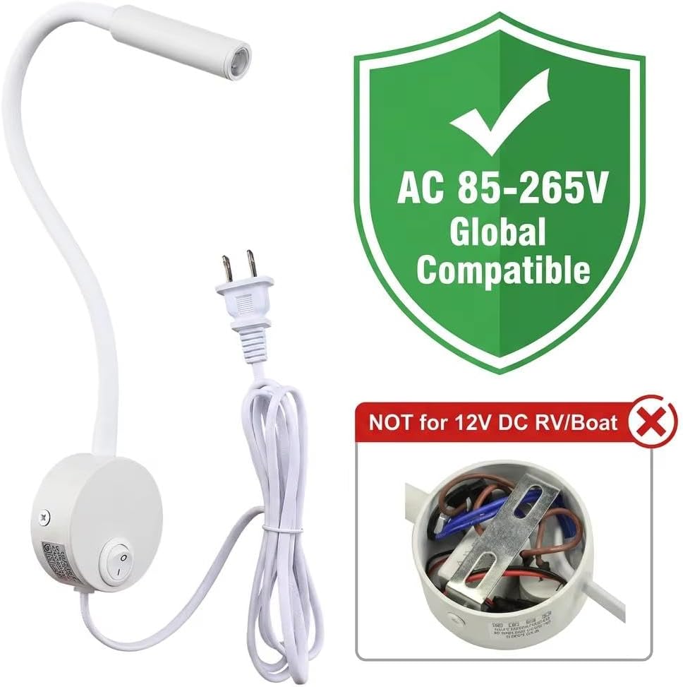 2-Pack Bed Reading Light Wall Mount Lamp, Flexible Neck Reading Lamps, Warm White 3000K Spot Light for Hotel, Marine