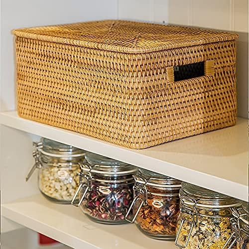 Rattan Basket / Large Lidded Basket For Storage / 15.3" Lx11.4"wx9.5"h / 4 Inch