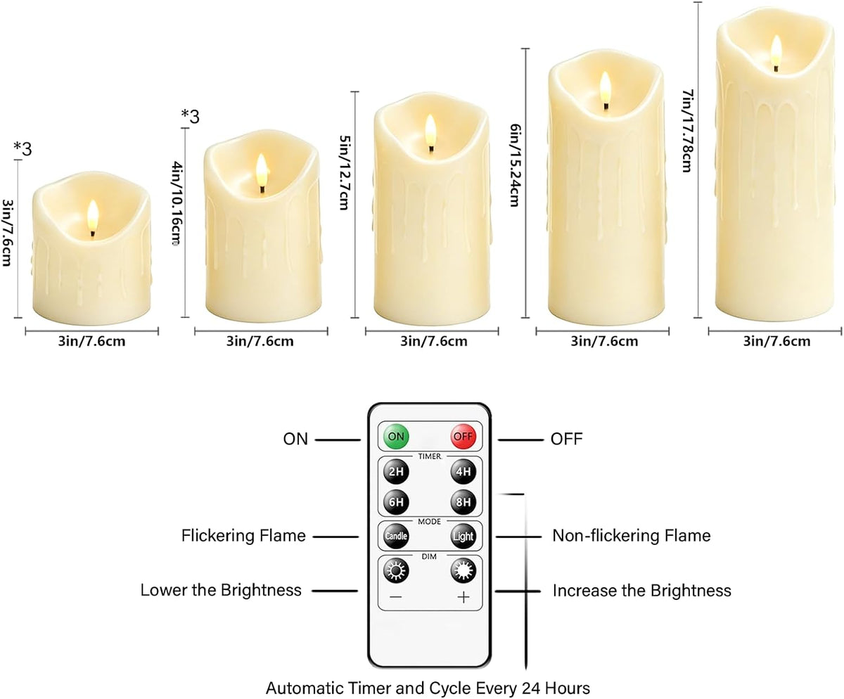 9 Pcs Flickering Flameless LED Pillar Candles, (D 3" x H 3" 4" 5" 6" 7") Battery Operated with Remote Plastic Wax Drip