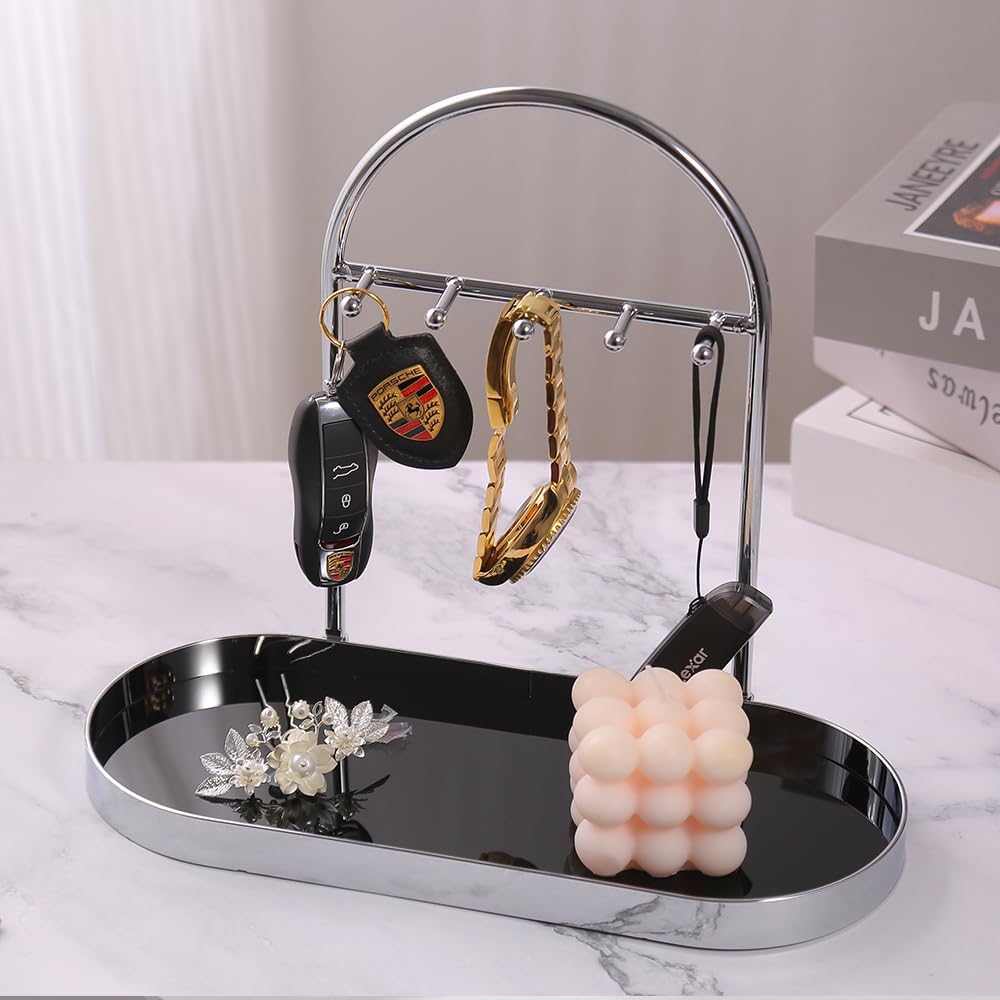 Metal Jewelry Organizer Stand & Key Holder Tray / Silver Black