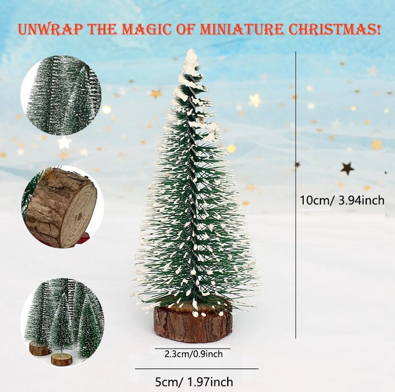 3 Pack Mini Christmas Trees with Snow & Wood Base - 4 Inch Bottle Brush Desktop Decor for Xmas, Holiday, Office, Shelf, or Tabletop - Festive Miniature Holiday Decorations Gift Set