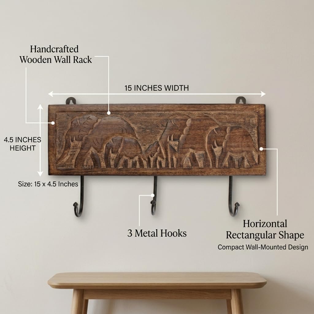 Wooden Cloth Hook Coat Rack Wall Mount 3 Hooks / Elephant