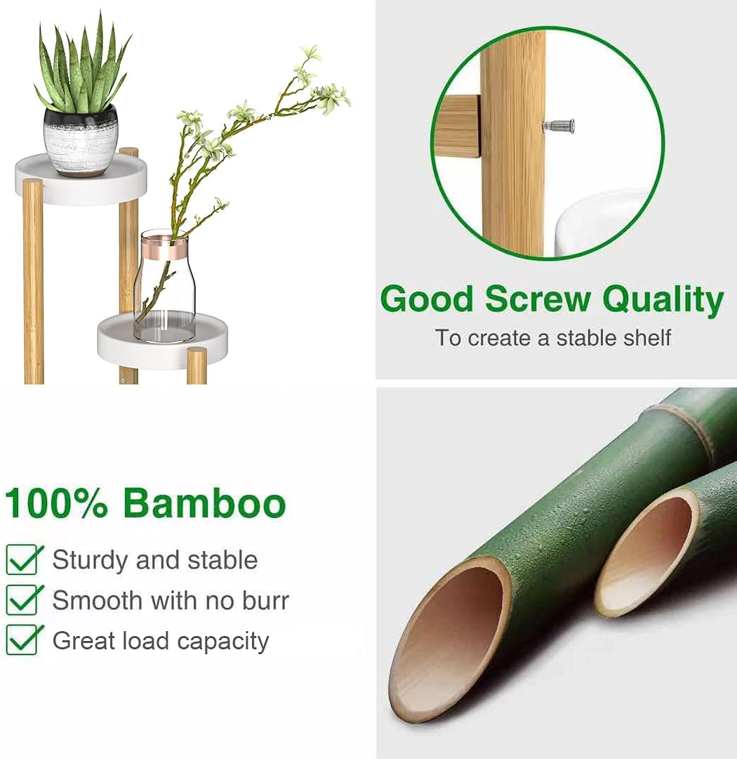 Wisuce Bamboo Plant Stand Indoor, 3 Tier Tall Corner Plant Shelf Table | Easy-Clean Steel Top | Smooth Bamboo | Narrow
