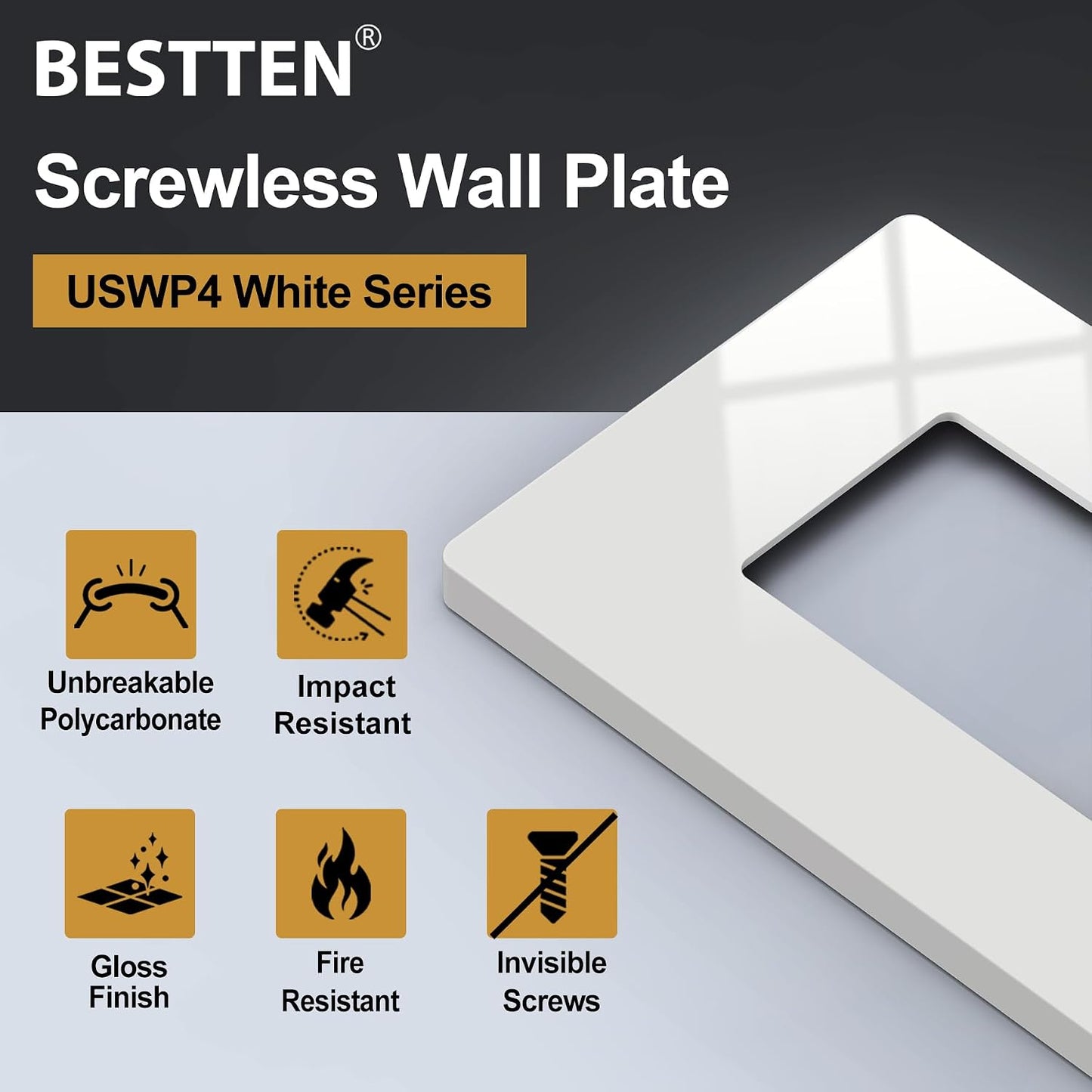 20 Pack BESTTEN Screwless Wall Plate, 1 Gang Decorator Light Switch Plate, Decor Outlet Cover, H4.69” x W2.91”, USWP4