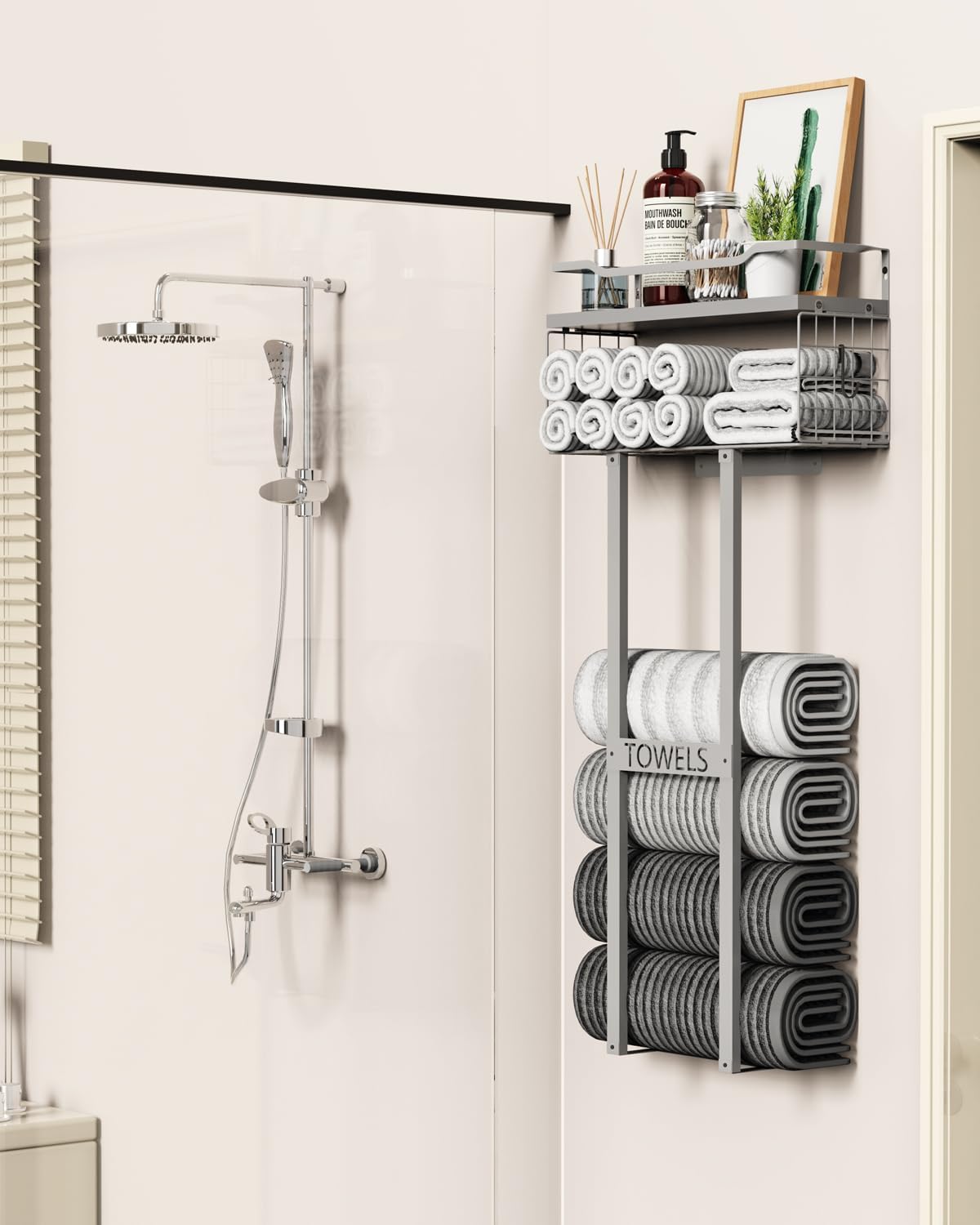 Aetyord Towel Racks for Bathroom - Wall Mounted Metal Rack with Wood Plank, Bathroom Storage Organizer, Towel Holder