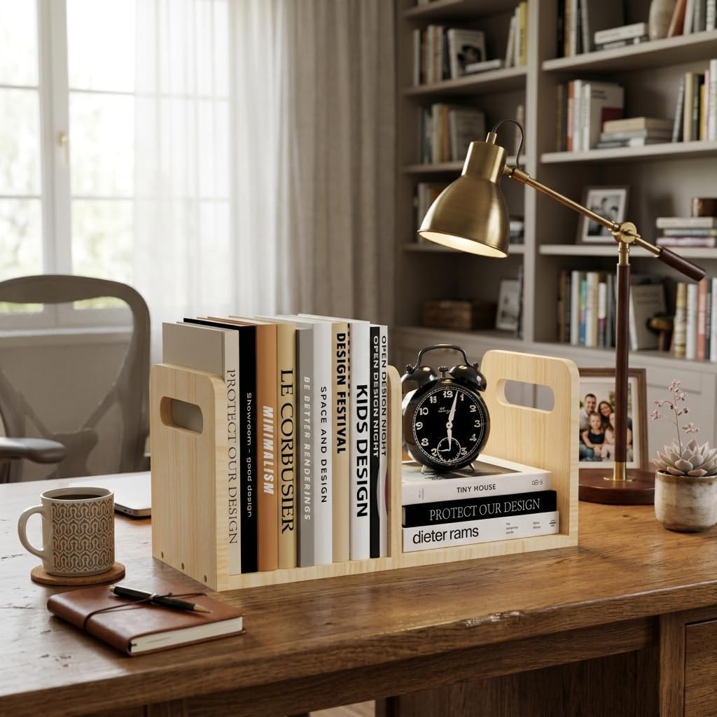 100% Solid Wood Adjustable Desktop Bookshelf / Natural Wood Color