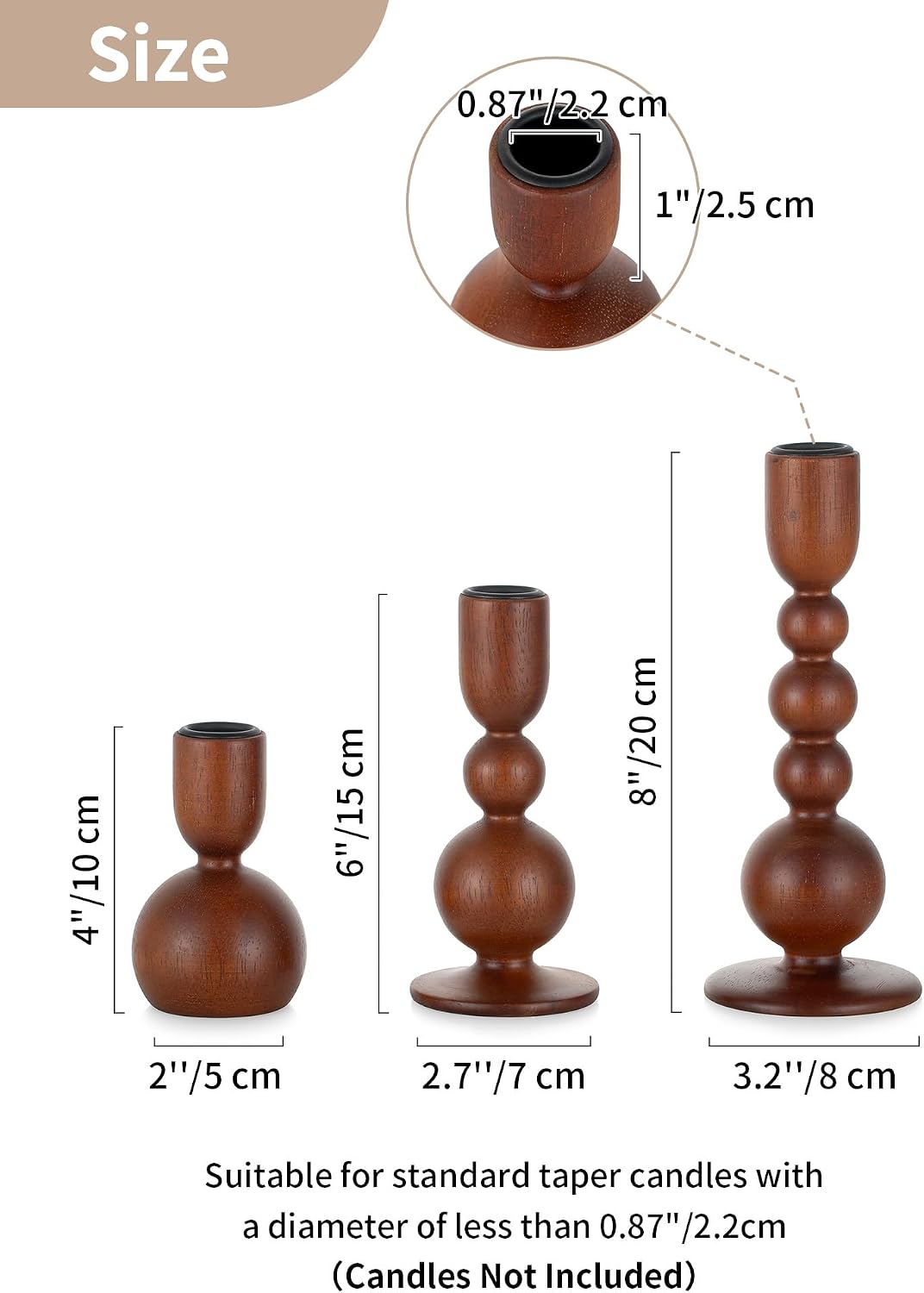 NUPTIO Wooden Taper Candle Holders, Set of 3 Brown Candlesticks | Natural Wood, MCM Design, Dining Table Centerpiece