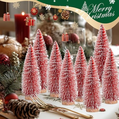 12 Pcs Mini Christmas Tree, Tabletop Christmas Tree with Wooden Bases Artificial Mini Tree with 3 Sizes Christmas Table Decor Bottle Brush Trees for Christmas Decorations (Red)