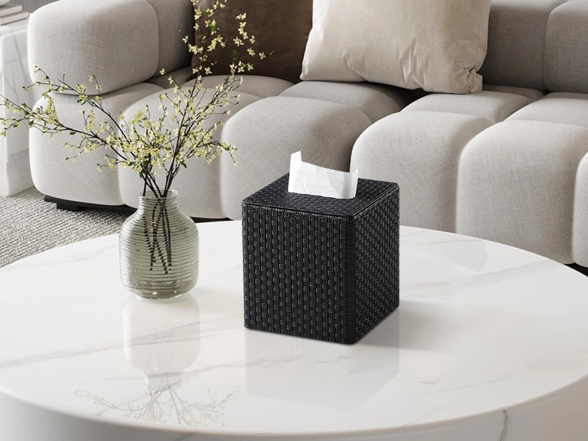 Square Tissue Box Cover / Black Woven Pattern