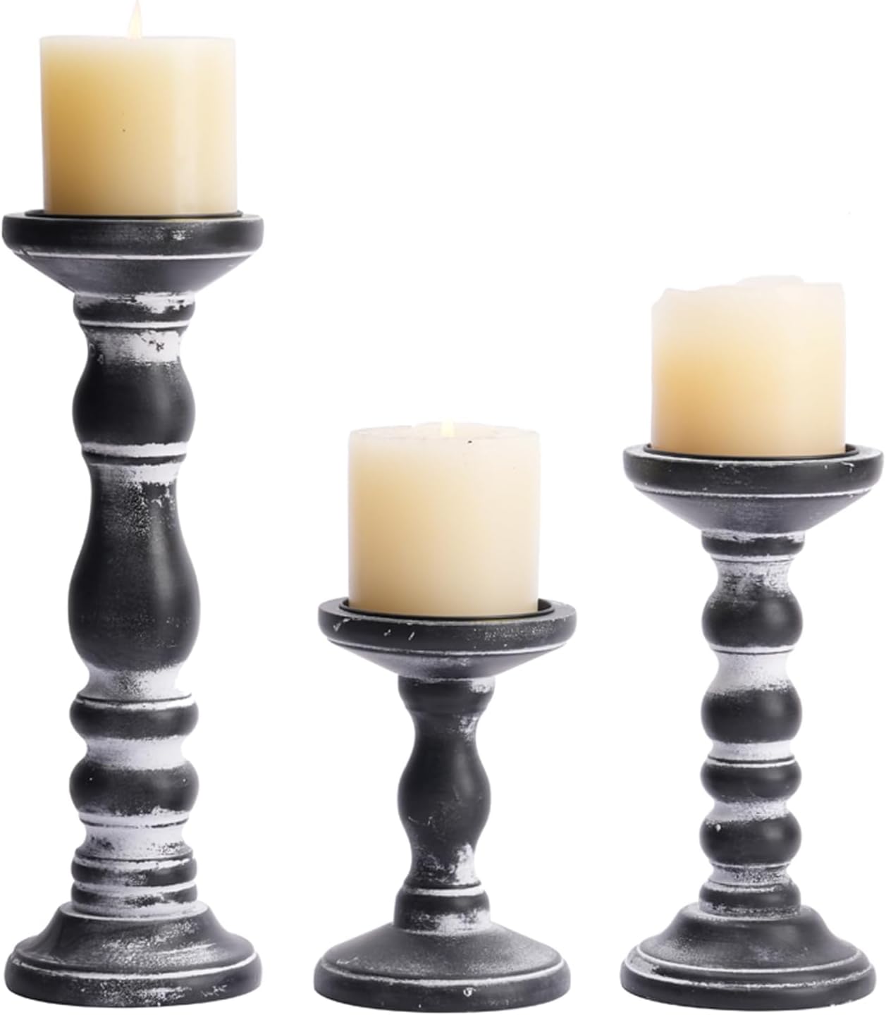 Romadedi Black and Gray Distressed Wood Pillar Candle Holders, Set of 3 | Rustic Farmhouse Wood Candle Set for Mantel