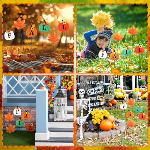 6 Pcs 12'' Fall Outdoor Decor Garden Stakes Fall Pumpkin Scarecrow Maple Leaves Metal Yard Sign Yard Stakes Outdoor Autumn Thanksgiving Decorations for Planter Lawn Patio Walkway Porch