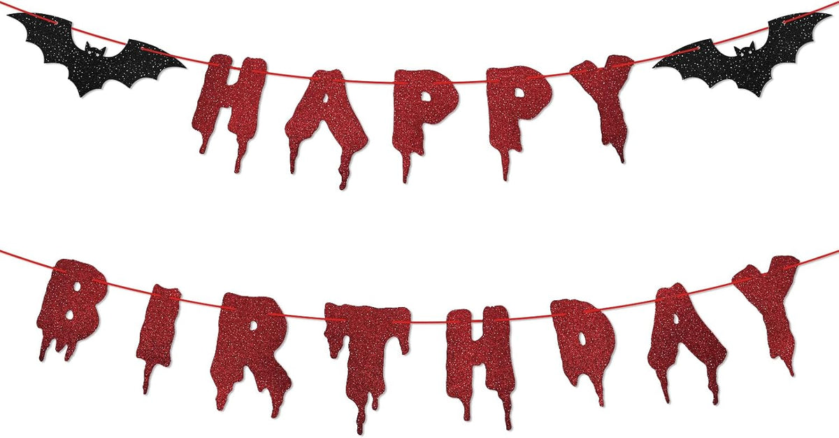 Happy Birthday Halloween Banner – Red Glitter Dripping Blood-Style Paper Letter Garland with Black Bat Accents for Scary Birthday Party, Vampire, Gothic and Horror Decorations