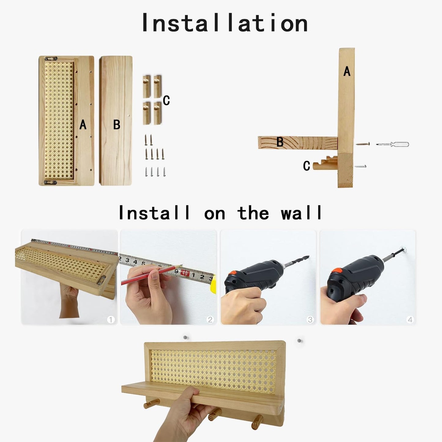 PE Rattan Coat Rack Shelf Wall Mounted with 4 Hooks, Decorative Coat Hook Rack with Floating Shelf for Entryway