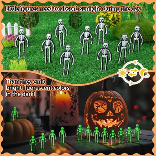 Simgoing 50 Pcs Halloween Mini Skeleton Decoration Glow in the Dark Skeleton Bulk Luminous Tiny Figurine to Hide and Seek Small Skull Toy for Halloween Haunted House Party Favor Decor (White)