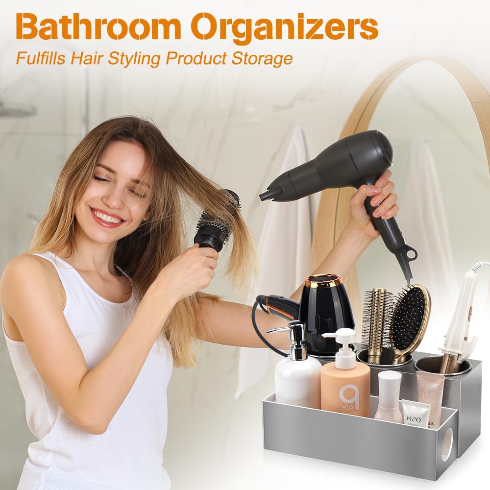 GFWARE Hot Hair Styling Tool Organizer with 3 Stainless Steel Cups, Silver | Bathroom Vanity Organizer Storage, Hair
