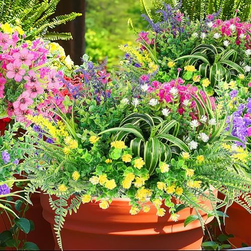 LELEE 24 Bundles Artificial Flowers for Outdoors Fake Silk Flowers Plants UV Resistant Faux Boston Fern Greenery Stems for Spring Garden Indoor Hanging Front Porch Patio Window Box Planter Decor