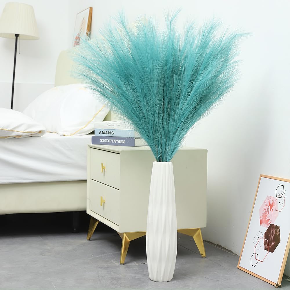 Faux Pampas Grass Flower Arrangement and Vase Filler for Boho Home Wedding / Lake Blue / Set of 8