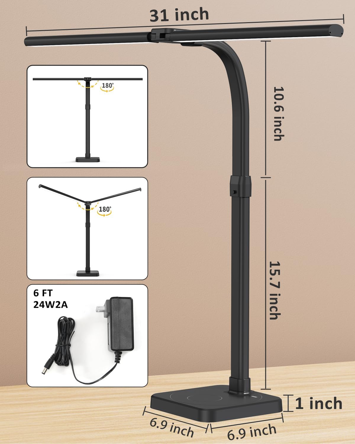 AKRRYR LED Desk Lamp for Home Office, Double Head 24W with Base, Architect Light 5 Lighting Brightness Flexible