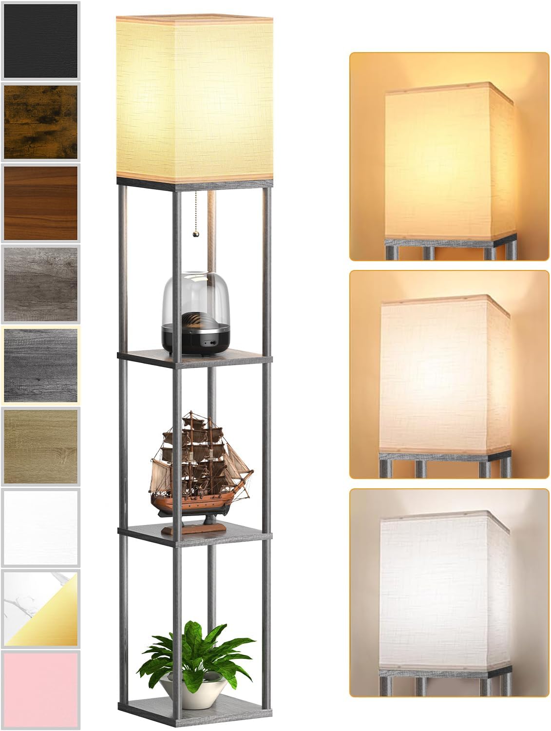 Floor Lamp with Shelves for Living Room, Shelf Floor Lamp with 3 CCT LED Bulb, Corner Display Standing Column Lamp