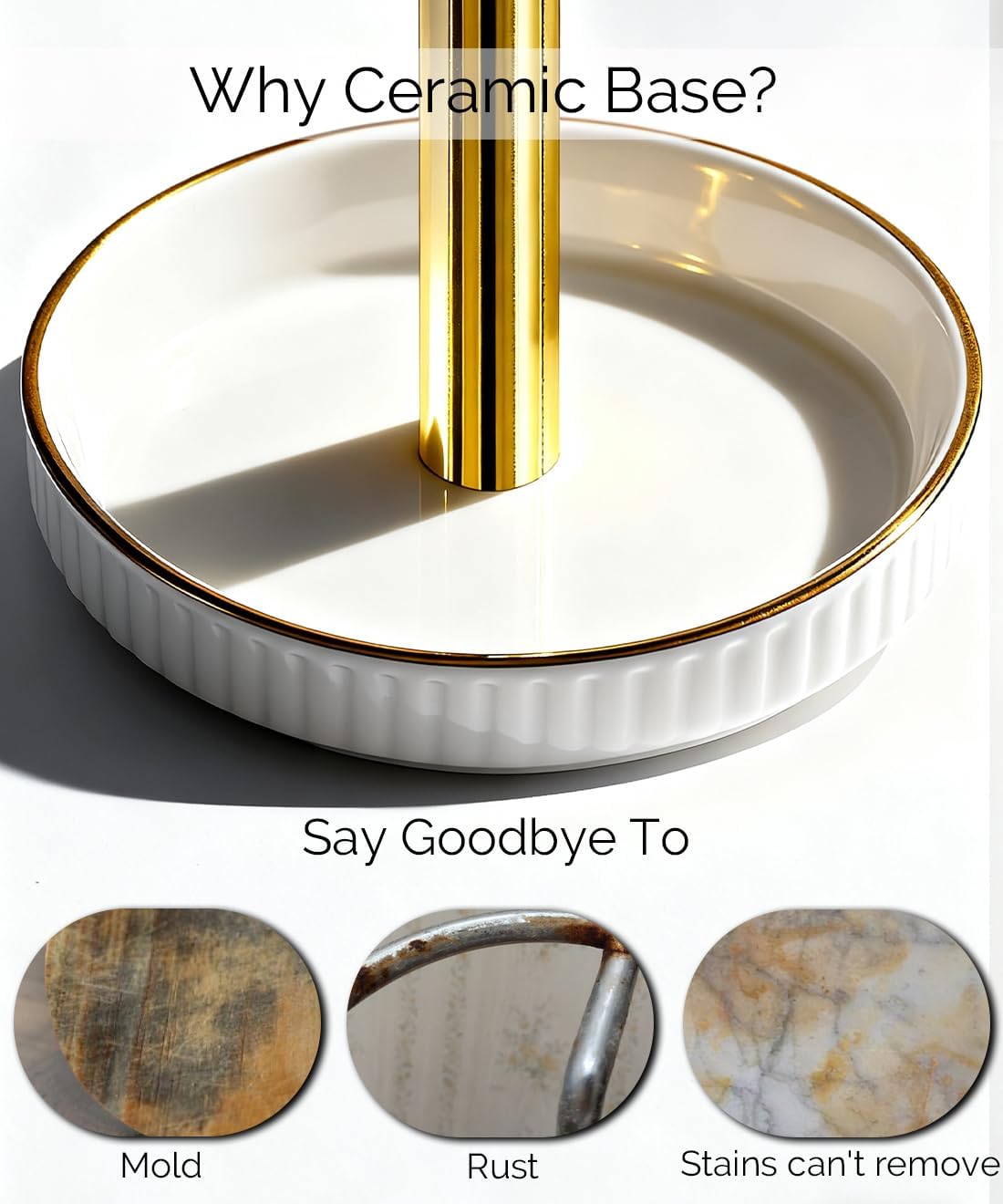 Paper Towel Holder, Ceramic Heavy Plate Base Wobble-Free, Roll Stand-Gold | Effortless Cleaning and Easy to Assemble