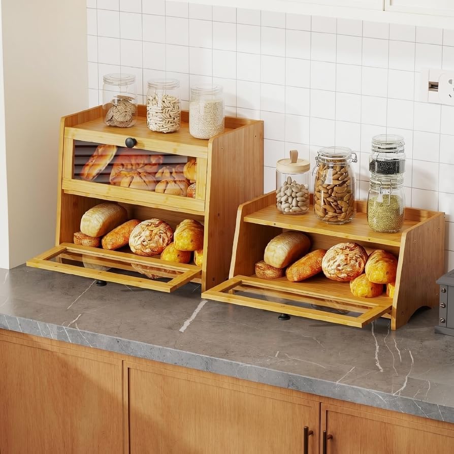 BAMBANG Bread Box for Kitchen Countertop, Extra Large Bamboo Bread Storage Container for Homemade Bread, Double Layer