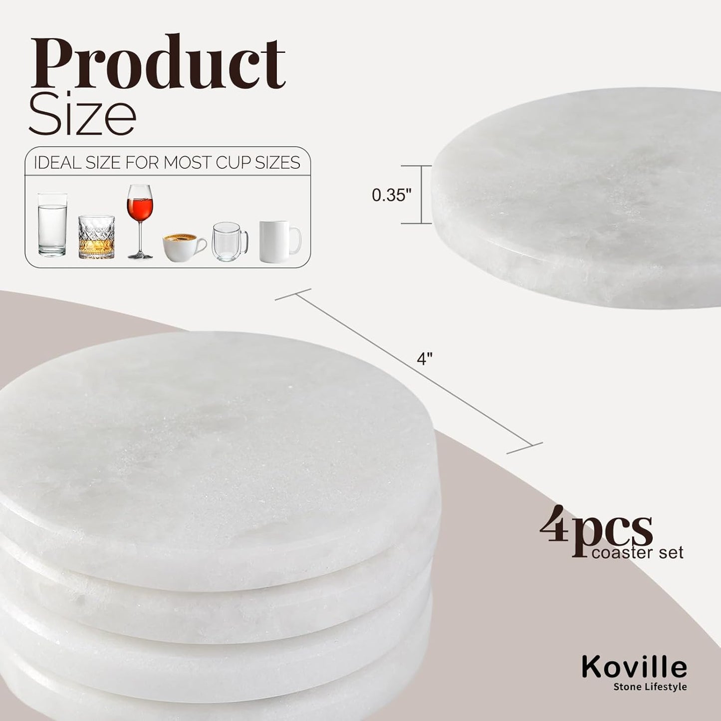 4" Cup Coasters for Drinks / White / Set of 4
