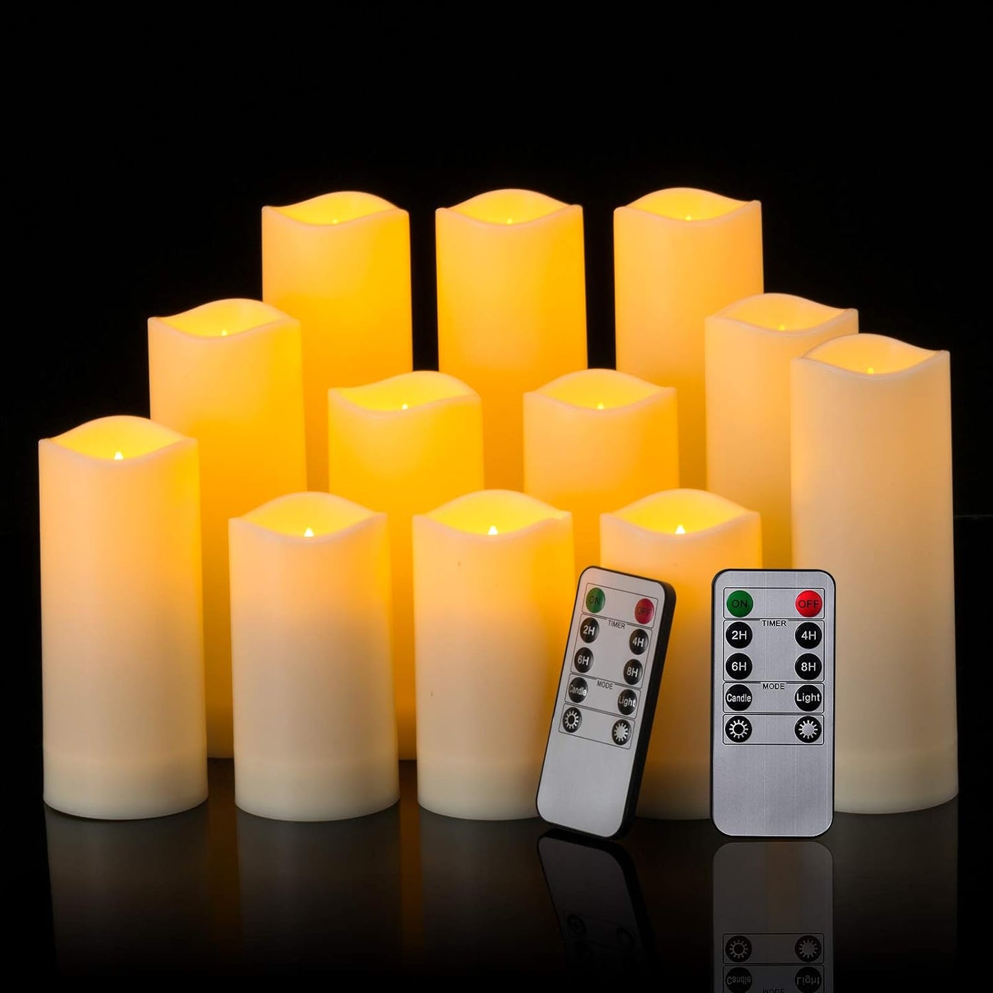 Waterproof Flickering Flameless Candles, Set of 12 Battery Operated Candles (D2.2'' x H4''5''6''7"), Outdoor Indoor