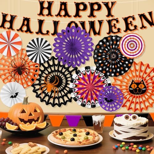 Halloween Party Decorations Set - Spooky Banner, Hanging Paper Fans & Dot Garland, for Halloween Theme Birthday Party Decorations