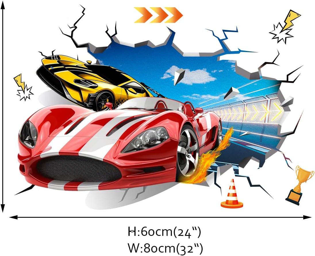 3D Racing Car Wall Decals Wheels Vehicles Car Wall Art Stickers for Boys Room Adults Kids Bedroom