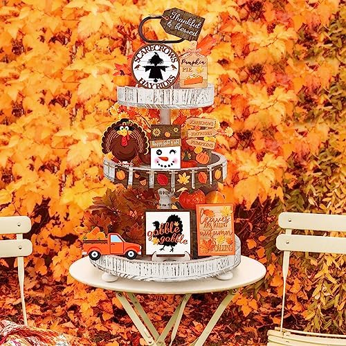 FairySandy 14 Pcs Fall Thanksgiving Tiered Tray Decor Set, Turkey Wood Sign