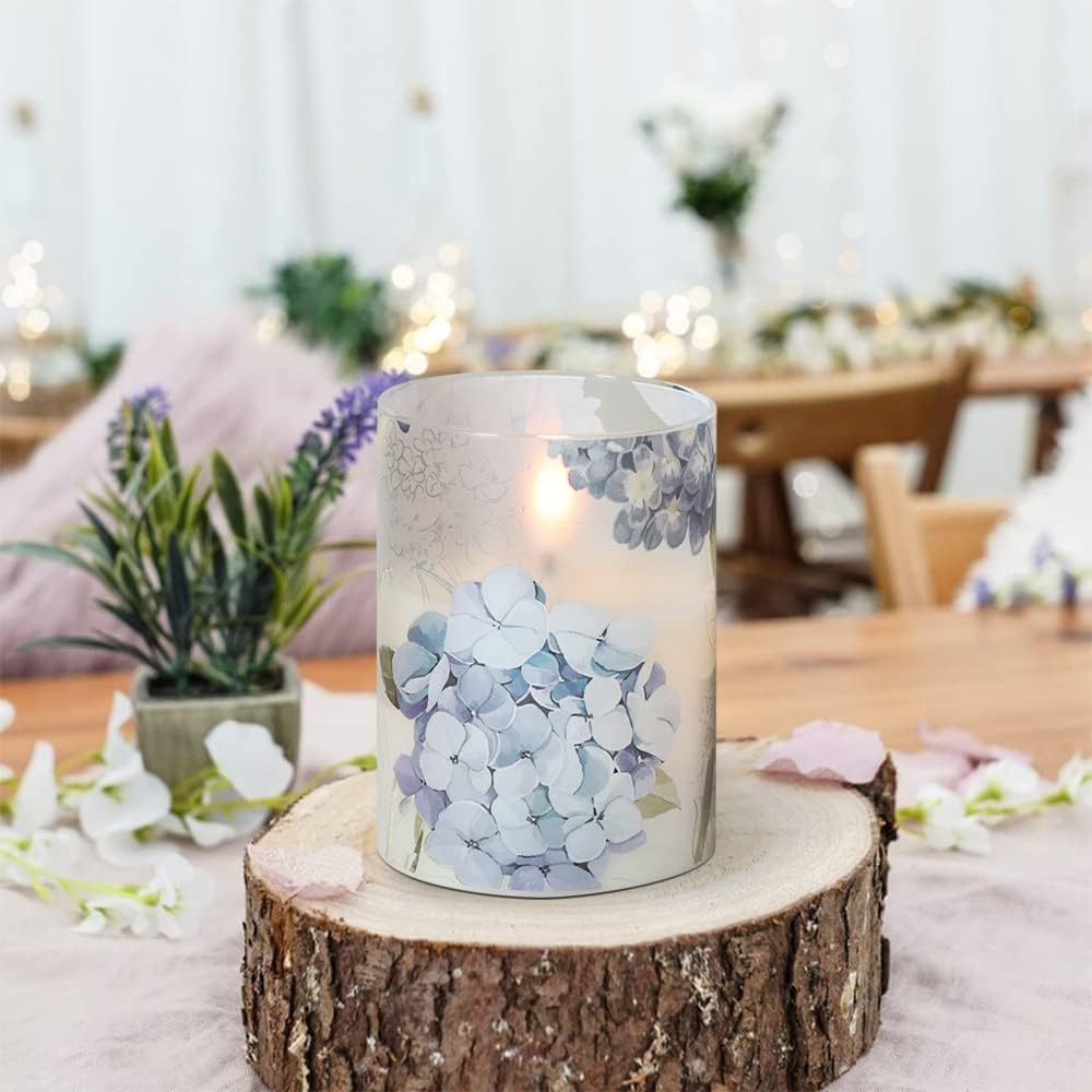 Hydrangea Glass Flameless Candles Batttery Operated Remote Timer | LED Flickering Pillar Candles, Real Wax 400 Hours