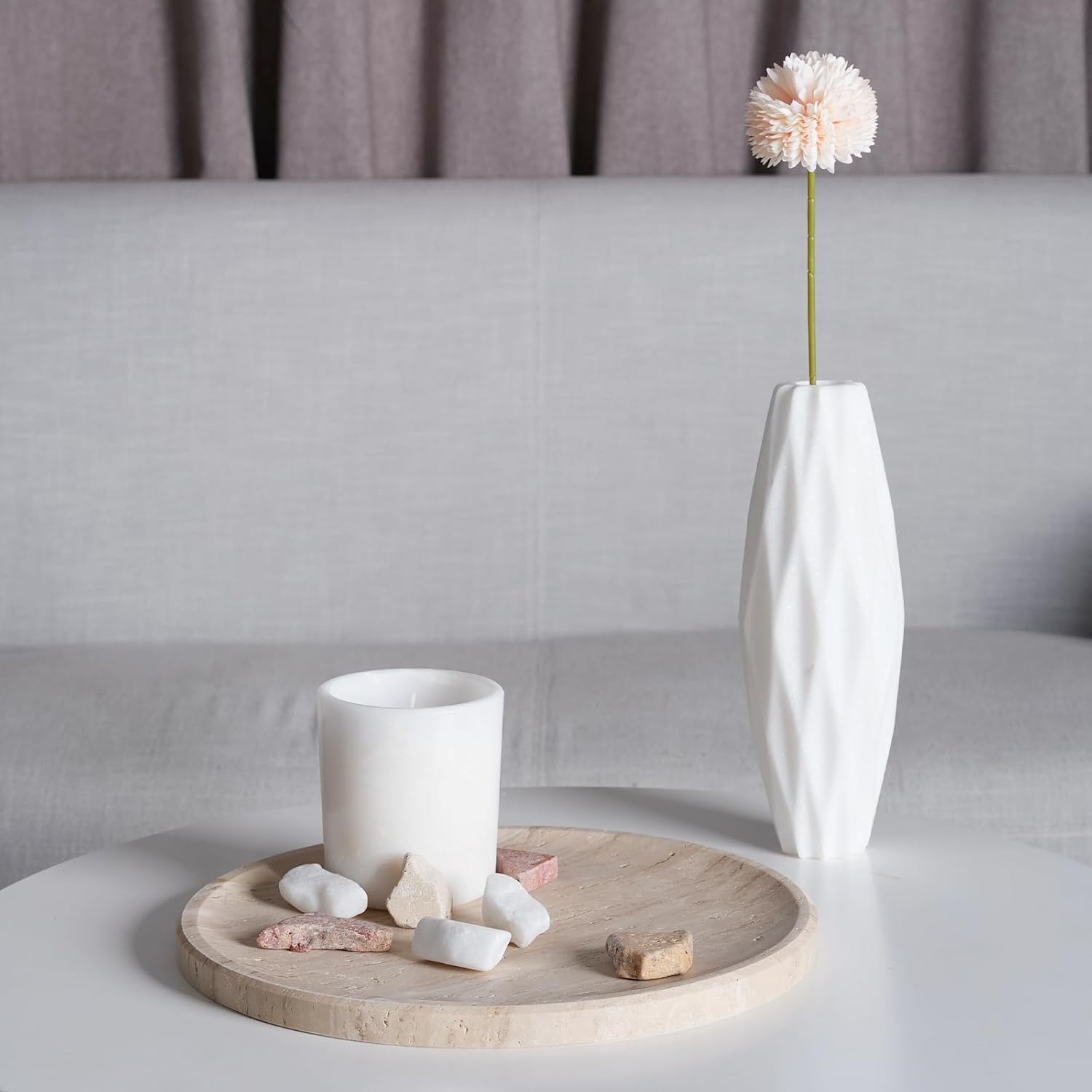 Travertine Tray / Round Serving Tray / Light Beige / 11.8 x 0.8