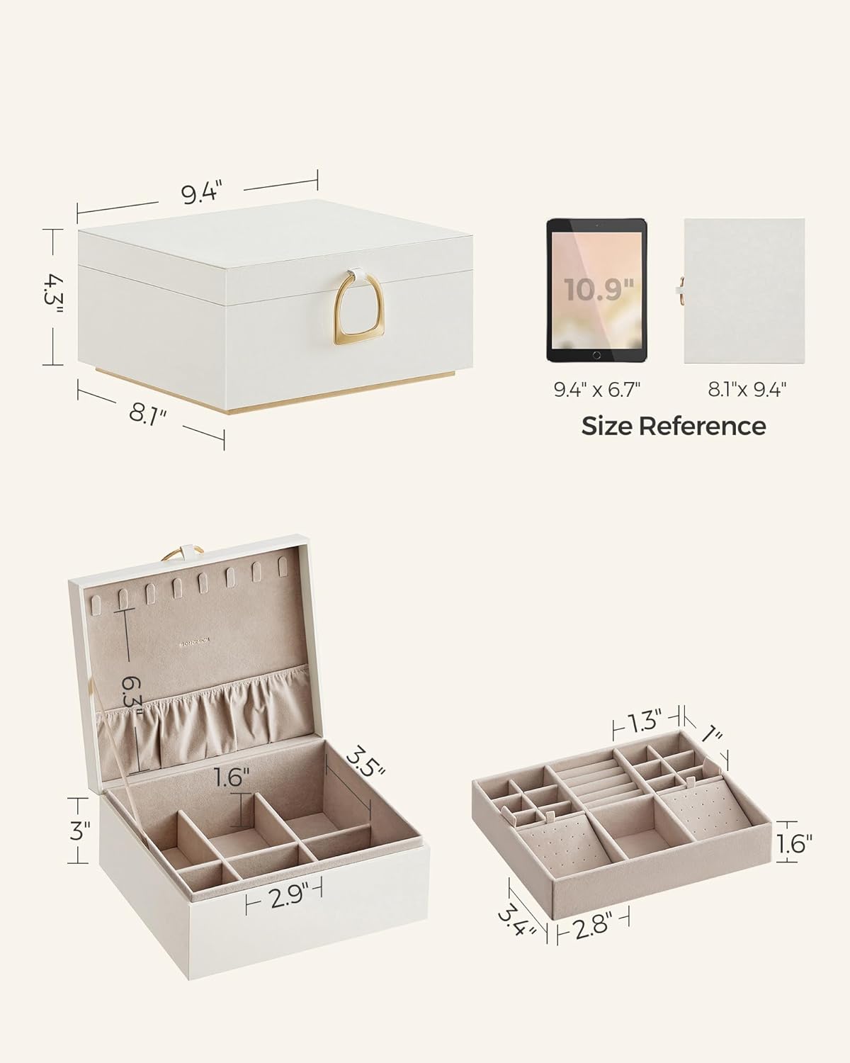 Jewelry Organizer / Removable Jewelry Tray / White