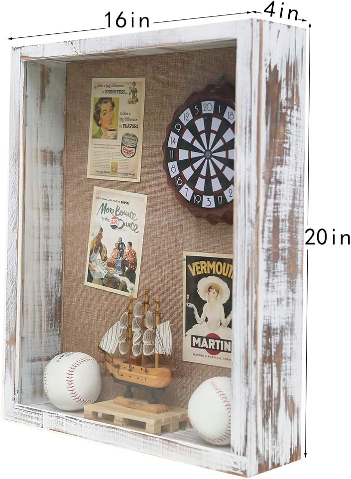 16x20 Extra Large 4-Inch Deep Wood Shadow Box Frame, Distressed White | Solid Wood; 16x20-Inch Extra Large Display;