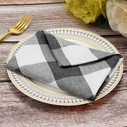 Cotton Cloth Napkins Set of 4, Reusable Dinner Napkins Washable, 20 x 20 Inches Buffalo Plaid Durable Napkins Ideal for Farmhouse Restaurants, Party, Weddings&Everyday Use, Gray and White