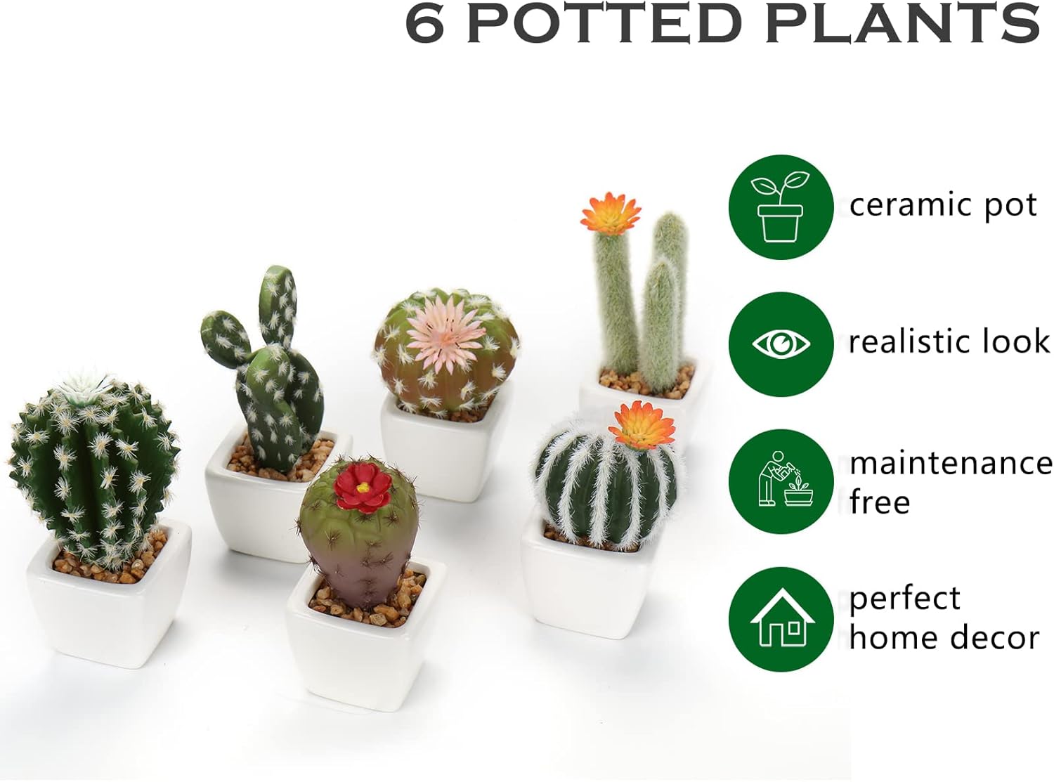 Mini Artificial Cactus Plants in Ceramic Pots Potted Faux Succulents in Pots Fake / White / Set of 6