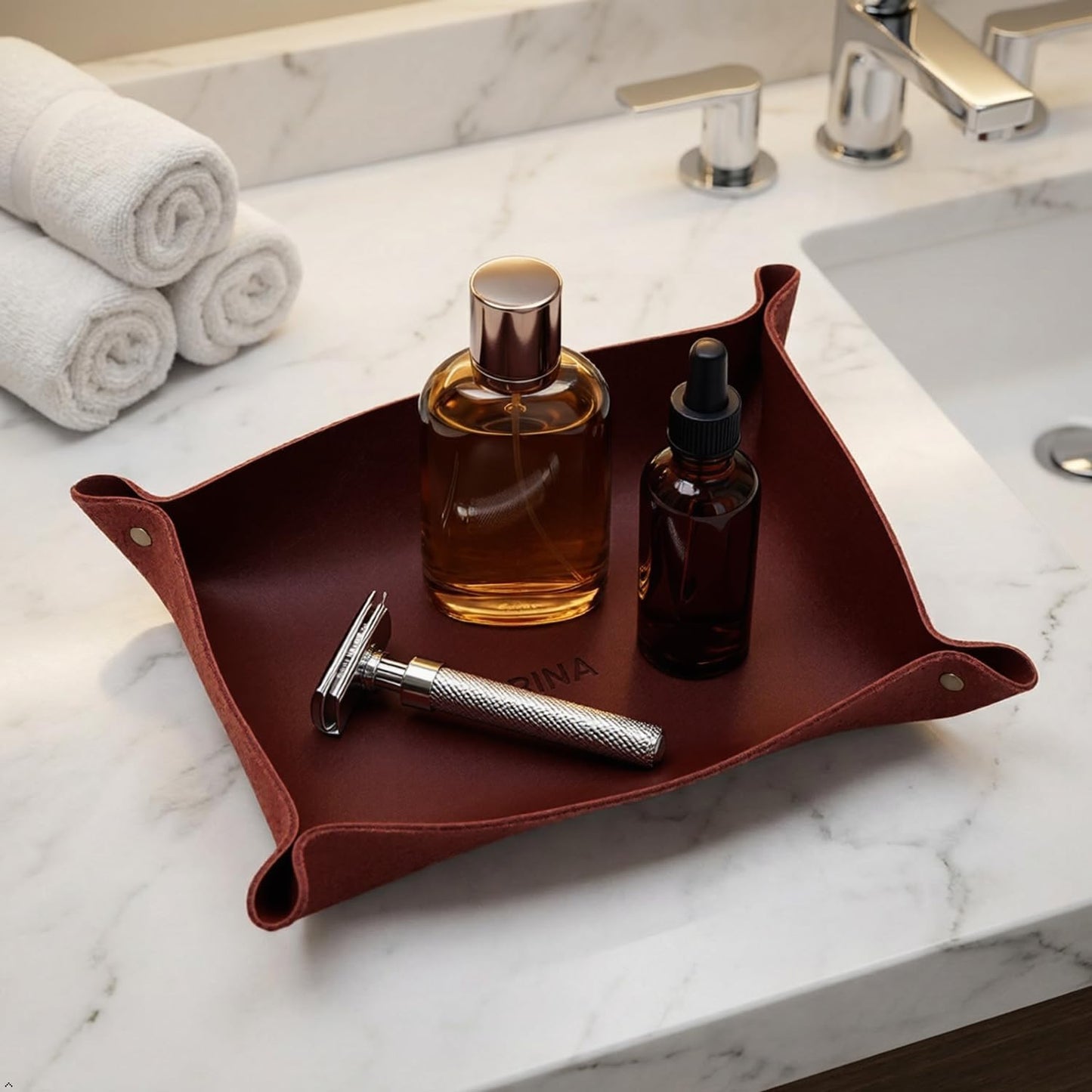 Northwind Personalized Leather Valet Tray – Made in USA - Custom Monogramed Full Grain Leather Catchall Tray for Men