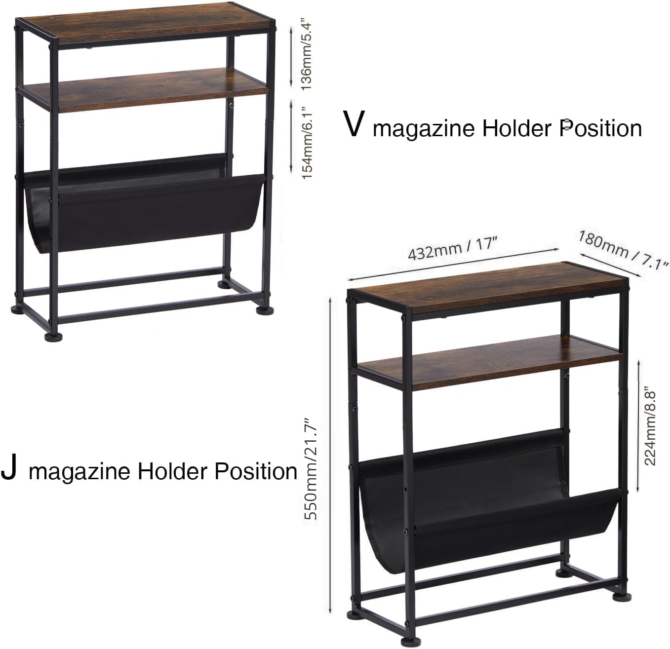 Narrow End Table with Magazine Rack, 2-Tier Slim Side Table for Small Spaces, Industrial Nightstand with Storage Sling