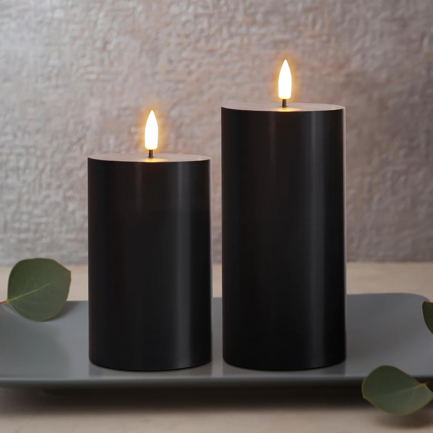 Black Halloween Flameless Pillar Candles with Remote Set of 3 | Flickering LED Candles, 2 AA Battery Power, Flat Top