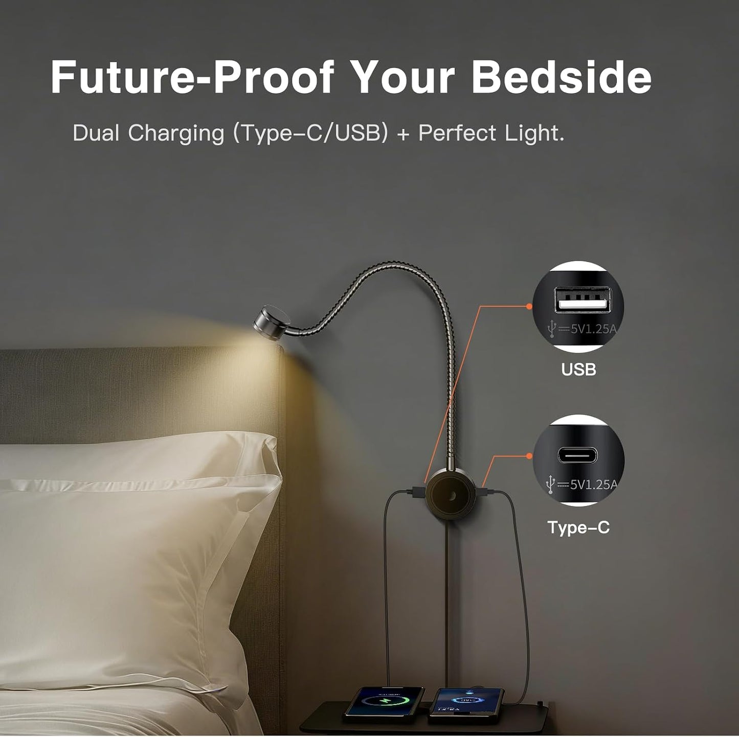 VST Wall Mounted Bed Reading Light, 3000K ETL Listed Headboard Reading Lamp, Touch Dimmable Bedside Light with USB &
