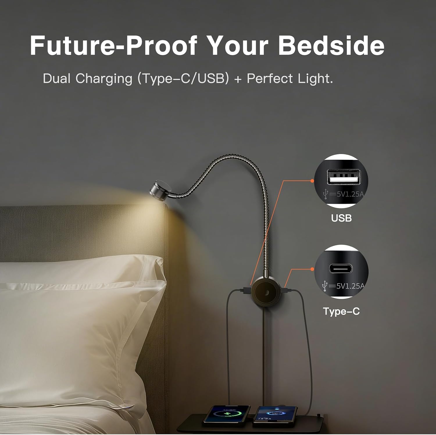 VST Wall Mounted Bed Reading Light, 3000K ETL Listed Headboard Reading Lamp, Touch Dimmable Bedside Light with USB &
