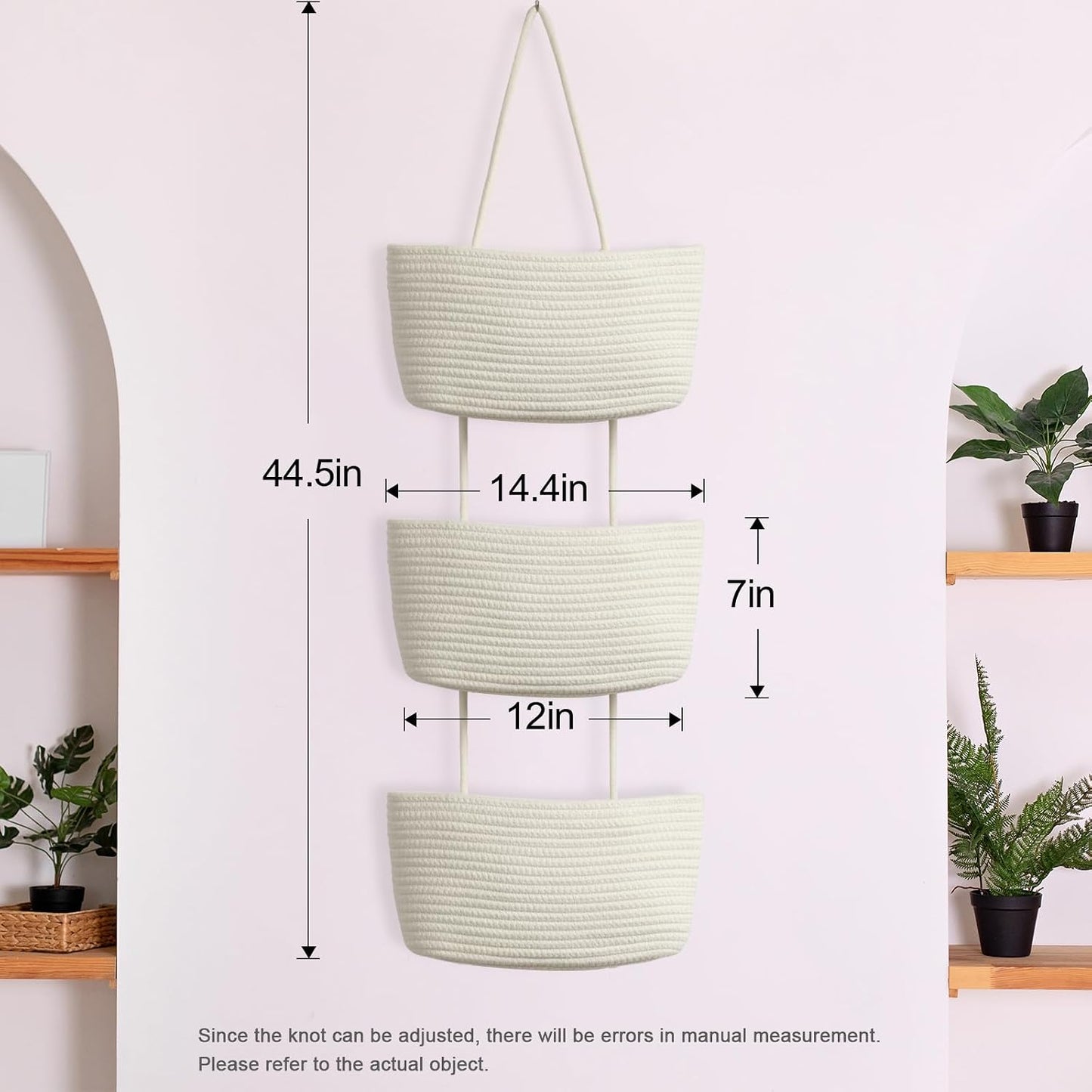 3-Tier Woven Cotton Wall-Mounted Storage Organizer Bag Decorative Hanging Nursery / White