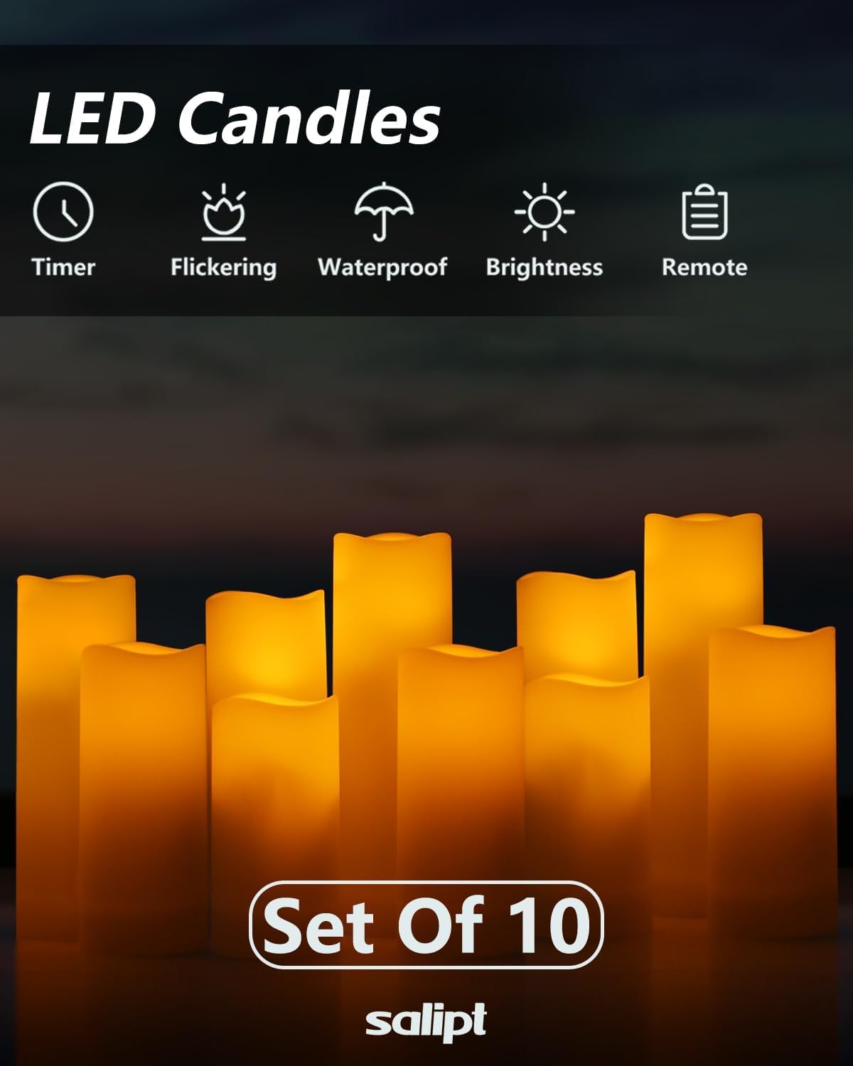 Flameless Candles, LED Flickering Candles Set of 10 (H 4" 5" 6" 7" xD 2.2") Waterproof Candles, Resin Plastic, Indoor